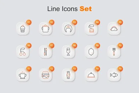 Set line Fish, Covered with tray of food, Candy, Burger, Bowl hot soup, For.. Ilustração Stock