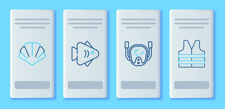 Set line Fish, Diving mask, Scallop sea shell and Life jacket icon. Vector Stock Illustration