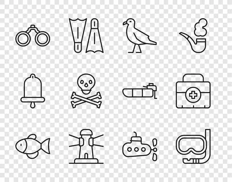 Set line Fish, Diving mask and snorkel, Bird seagull, Lighthouse, Binocular.. Stock Illustration