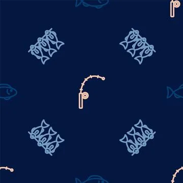 Set line Fish, Dried fish and Fishing rod on seamless pattern. Vector Stock Illustration