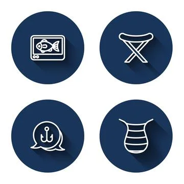 Set line Fish finder echo sounder, Camping folding chair, Fishing hook and net Stock Illustration