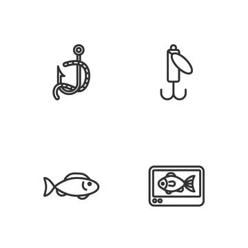 Set line Fish finder echo sounder, Fishing hook and worm and lure icon. Vector Illustrazione stock