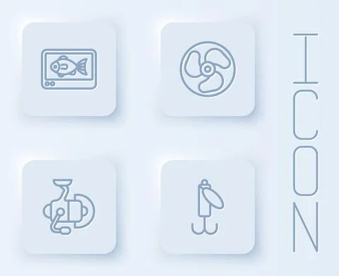 Set line Fish finder echo sounder, Outboard boat motor, Spinning reel for Illustrazione stock