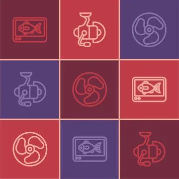 Set line Fish finder echo sounder, Outboard boat motor and Spinning reel for  Illustrazione stock