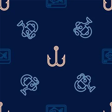 Set line Fish finder echo sounder, Spinning reel for fishing and Fishing hook 库存插图