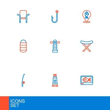 Set line Fish finder echo sounder, Fisherman pants, Fishing rod, harpoon, n.. Stock Illustration