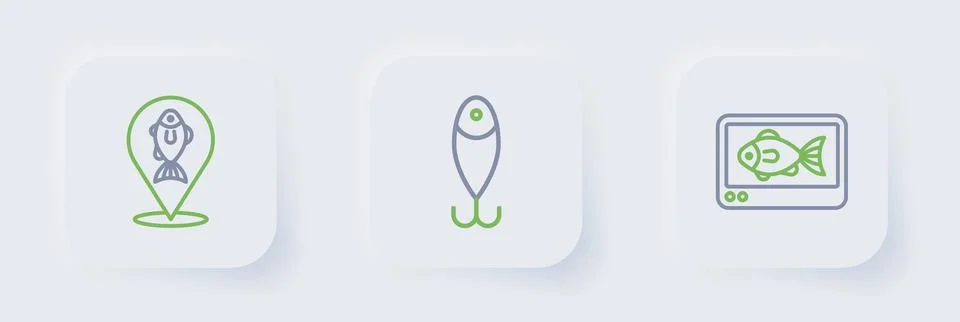 Set line Fish finder echo sounder, Fishing lure and Location fishing icon. .. Illustrazione stock