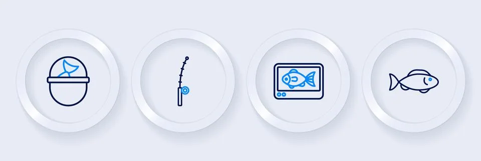 Set line Fish, finder echo sounder, Fishing rod and bucket with fish icon. .. Stock Illustration