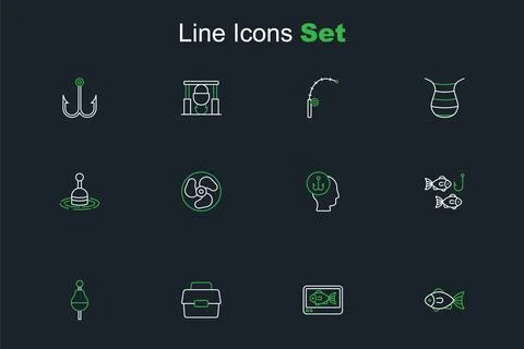 Set line Fish, finder echo sounder, Case or box for fishing, Fishing float,.. Illustrazione stock