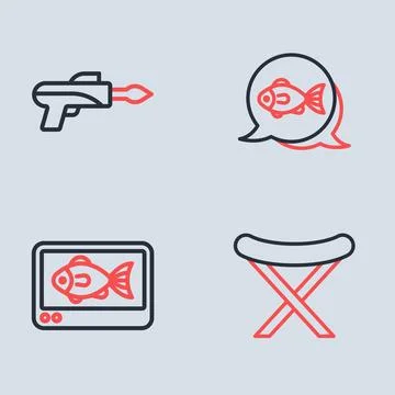 Set line Fish, finder echo sounder, Fishing harpoon and hook icon. Vector Illustrazione stock