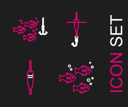 Set line Fish, Fishing float, hook and and under water with fish icon. Vector Stock Illustration