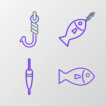 Set line Fish, Fishing float, on hook and icon. Vector Stock Illustration