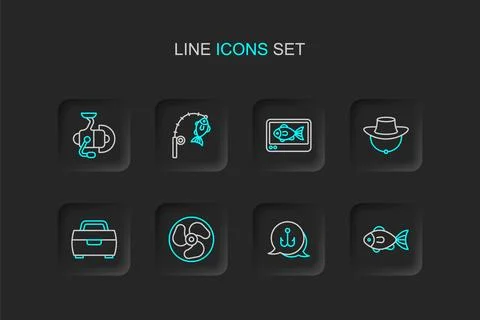 Set line Fish, Fishing hook, Outboard boat motor, Dried fish, finder echo s.. Illustrazione stock