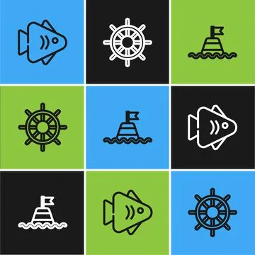 Set line Fish, Floating buoy on the sea and Ship steering wheel icon. Vector Illustrazione stock