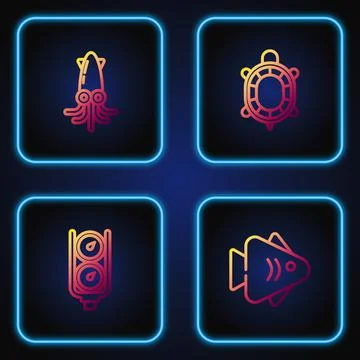 Set line Fish, Gauge scale, Octopus and Turtle. Gradient color icons. Vector Stock Illustration