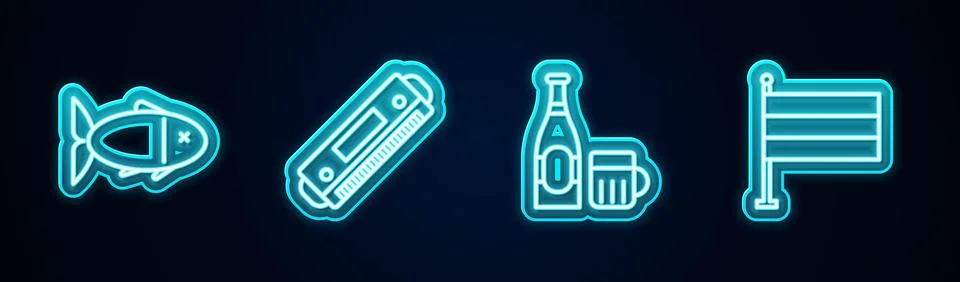Set line Fish, Harmonica, Beer bottle and glass and National Germany flag 스톡 일러스트
