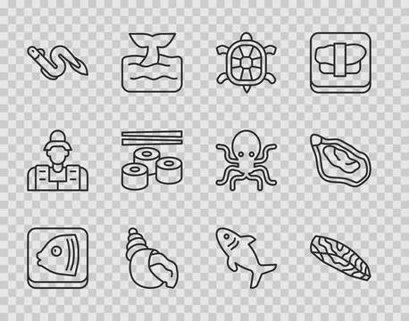 Set line Fish head, steak, Turtle, Scallop sea shell, Eel fish, Sushi, Shark and Illustrazione stock
