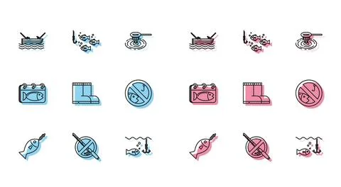 Set line Fish on hook, No fishing, Fishing boat with rod water, under, boot.. Stock-Illustration