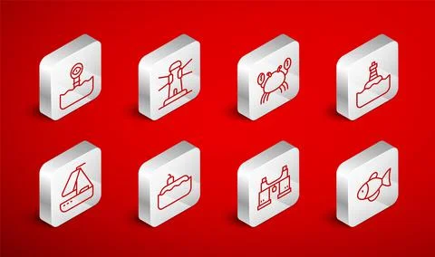Set line Fish, Lighthouse, Crab, Floating buoy, Binoculars, Periscope, Submarine 스톡 일러스트