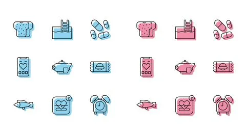 Set line Fish, Mobile with heart rate, Bread toast, Alarm clock, Teapot cup イラスト素材