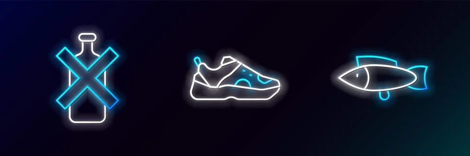 Set line Fish, No alcohol and Sport sneakers icon. Glowing neon. Vector Stock Illustration