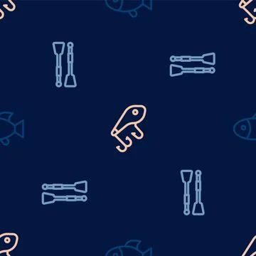 Set line Fish, Oars or paddles boat and Fishing lure on seamless pattern. Vector Illustrazione stock