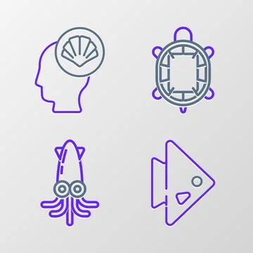 Set line Fish, Octopus, Turtle and Scallop sea shell icon. Vector Illustrazione stock
