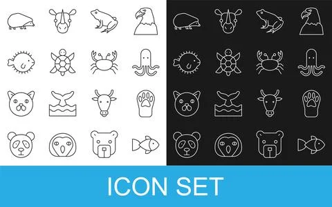 Set line Fish, Paw print, Octopus, Frog, Turtle, Puffer fish, Hedgehog and Crab Stock Illustration