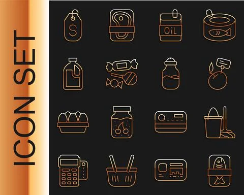 Set line Fish plastic tray container, Mop and bucket, Supermarket food products Stock-Illustration