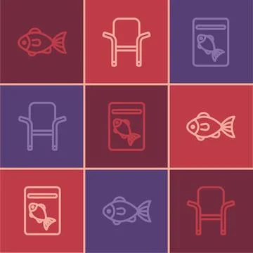 Set line Fish, Served fish on plate and Camping folding chair icon. Vector Stock Illustration