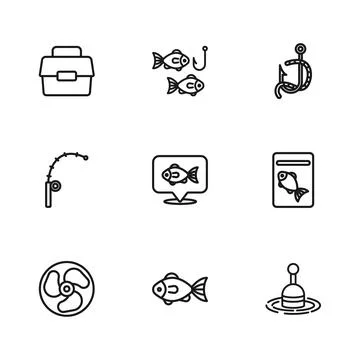 Set line Fish, Served fish on plate, Fishing float in water, Location fishi.. Stock Illustration
