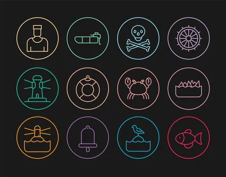 Set line Fish, Sharp stone reefs, Skull crossbones, Lifebuoy, Lighthouse, S.. Stock Illustration