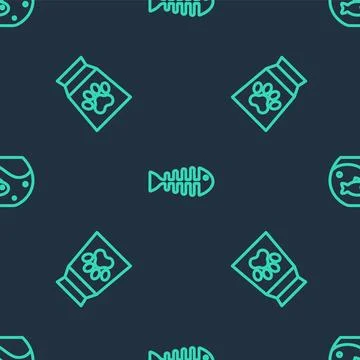 Set line Fish skeleton, Bag of food for pet and Aquarium with fish on seamless Stock Illustration