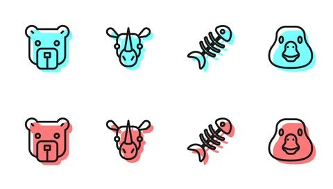 Set line Fish skeleton, Bear head, Rhinoceros and Goose bird icon. Vector Stock Illustration