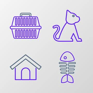 Set line Fish skeleton, Dog house, Cat and Pet carry case icon. Vector Stockillustratie