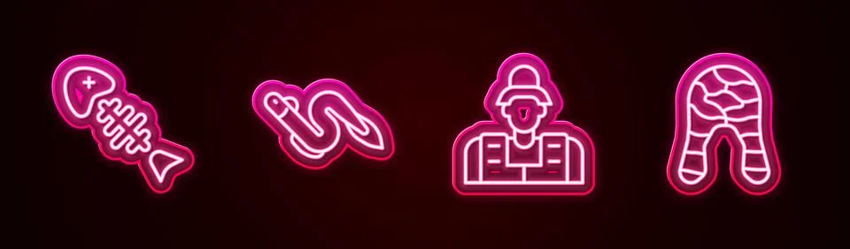 Set line Fish skeleton, Eel fish, Fisherman and steak. Glowing neon icon. Vector Stock Illustration