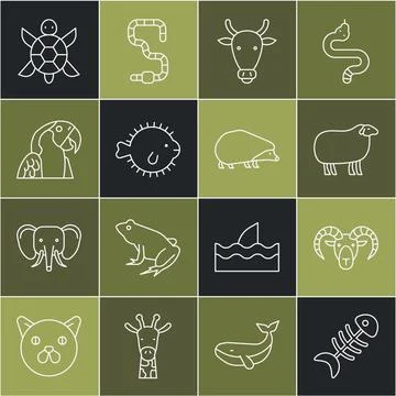 Set line Fish skeleton Head of goat or ram Sheep Cow head Puffer fish Macaw p Stock Illustration