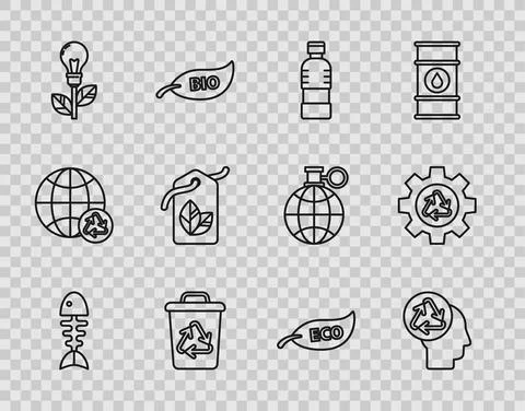 Set line Fish skeleton, Human head with recycle, Bottle of water, Recycle bin Stock Illustration