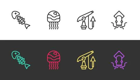 Set line Fish skeleton, Jellyfish, Fishing harpoon and Octopus on black and.. Stock Illustration