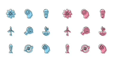 Set line Fish skeleton, Planet earth and a recycling, Recycle symbol gear, Human Stock Illustration