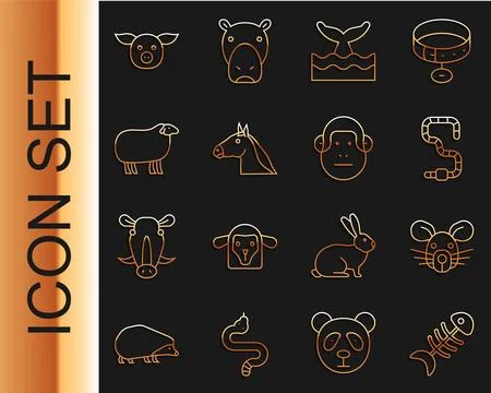 Set line Fish skeleton, Rat head, Worm, Whale tail in ocean wave, Horse, Sheep Stock Illustration