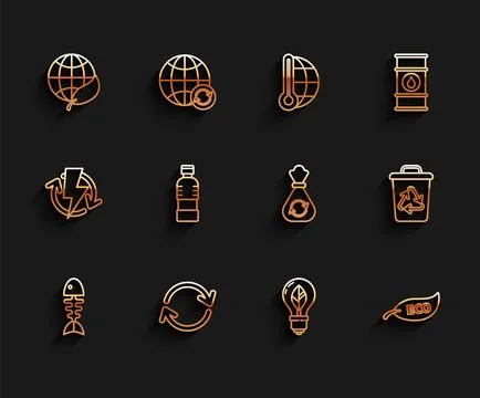 Set line Fish skeleton, Refresh, Earth globe and leaf, Light bulb with, Lea.. Stock Illustration