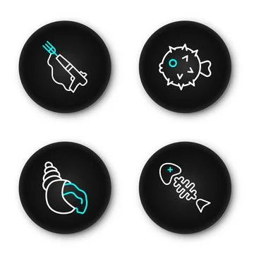 Set line Fish skeleton, Scallop sea shell, hedgehog and Fishing harpoon ico.. Stock Illustration