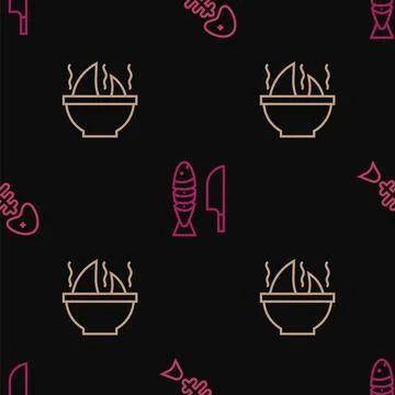 Set line Fish skeleton, Shark fin soup and with sliced pieces on seamless 스톡 일러스트