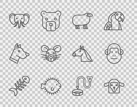 Set line Fish skeleton, Sheep head, Puffer fish, Elephant, Rat, Collar with name Stock Illustration
