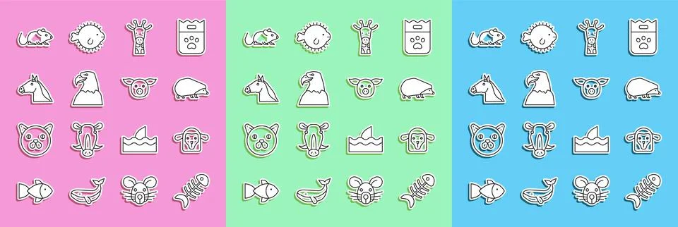 Set line Fish skeleton, Sheep head, Hedgehog, Giraffe, Eagle, Horse, Rat and  Stock Illustration
