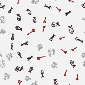 Set line Fish skeleton, Spinning reel for fishing and Fishing net on seamless Illustrazione stock