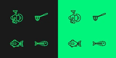 Set line Fish skeleton, Spinning reel for fishing and Fishing net icon. Vector Illustrazione stock