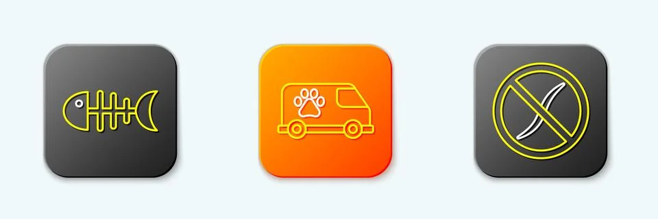 Set line Fish skeleton, Veterinary ambulance and Anti worms parasite icon. .. Illustrazione stock