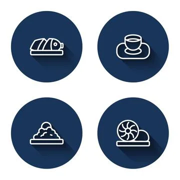 Set line Fish with sliced pieces, Soy sauce in bowl, Rice and Xiao long bao with Illustration
